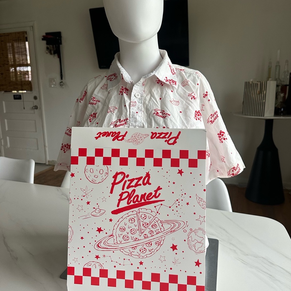 Toy Story White Button-Up Shirt with Red Pizza Print